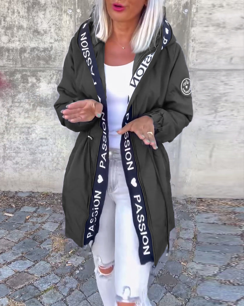 Casual coat with hood and drawstring in letter pattern