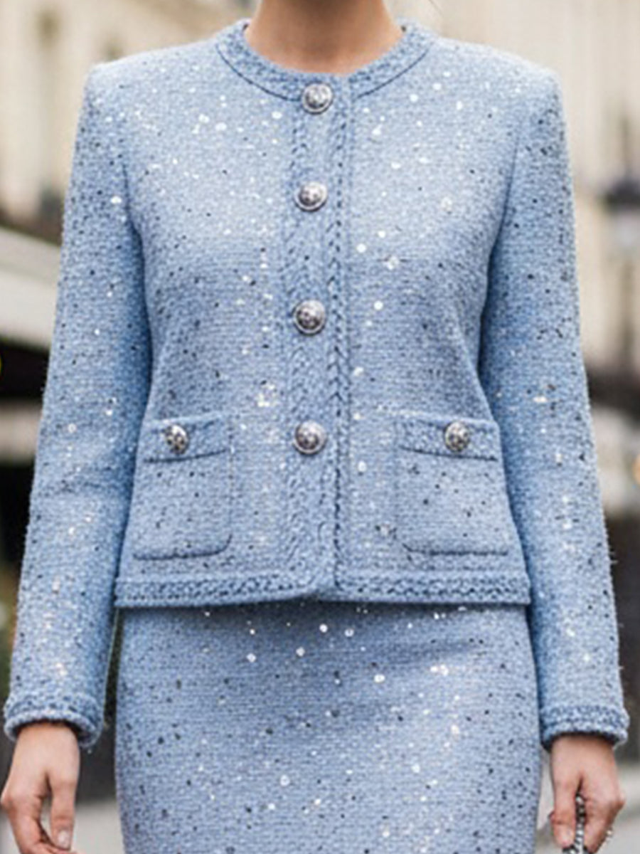Sequin Tweed Skirt Suit With Silver Buttons