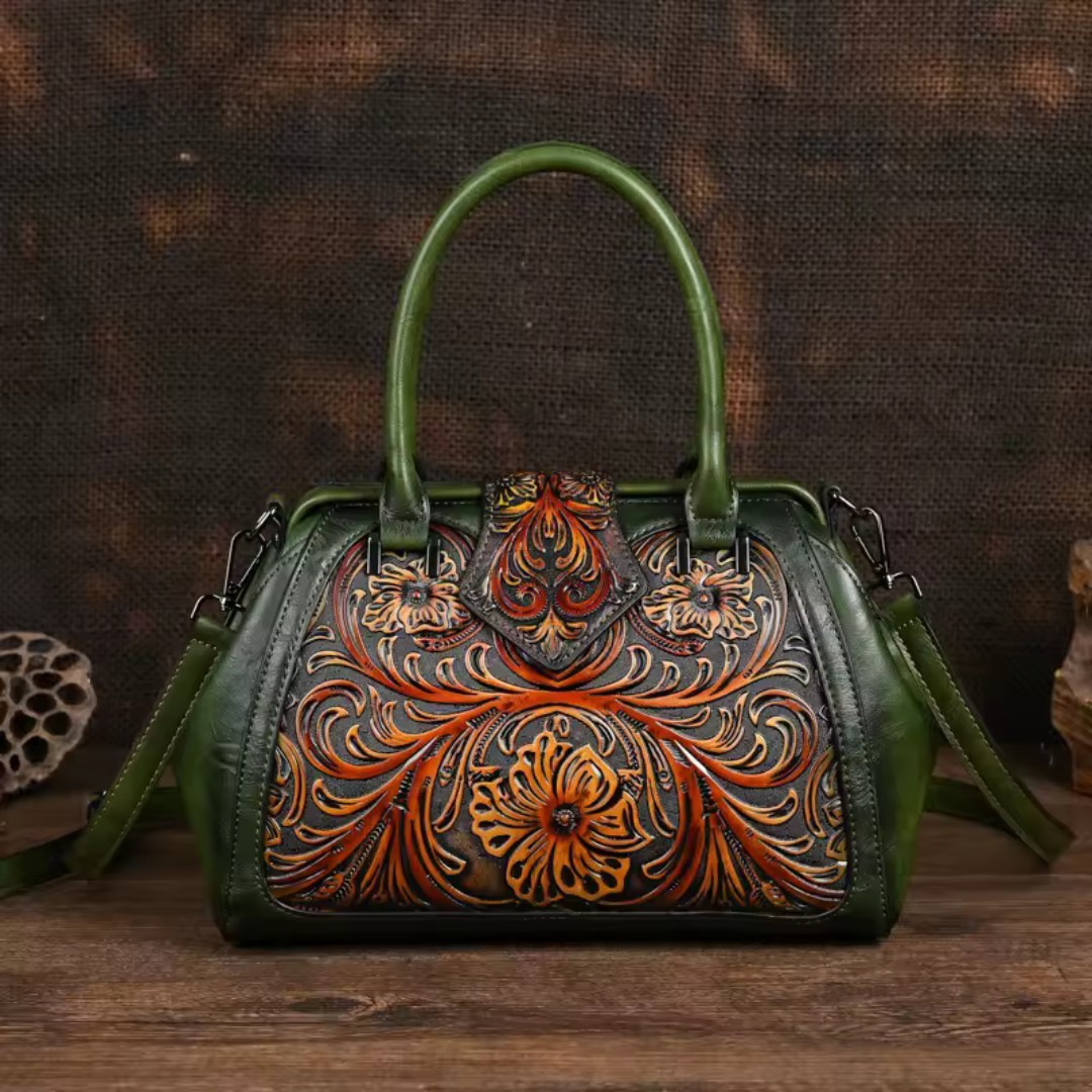 Florina - Leather Handbag with Engraving and Floral Pattern