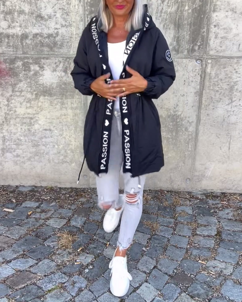 Casual coat with hood and drawstring in letter pattern