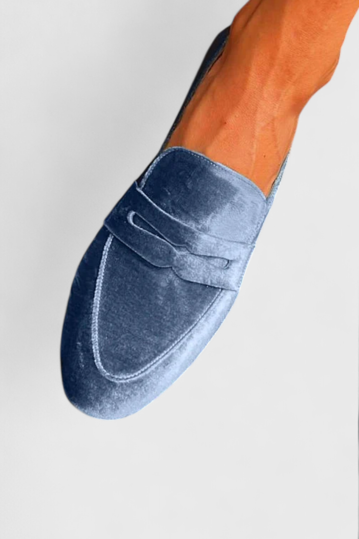 Llnica Blue Velvet Loafers with Patchwork Details and Round Toe