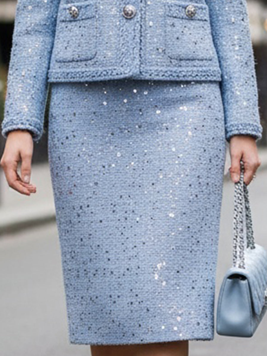 Sequin Tweed Skirt Suit With Silver Buttons