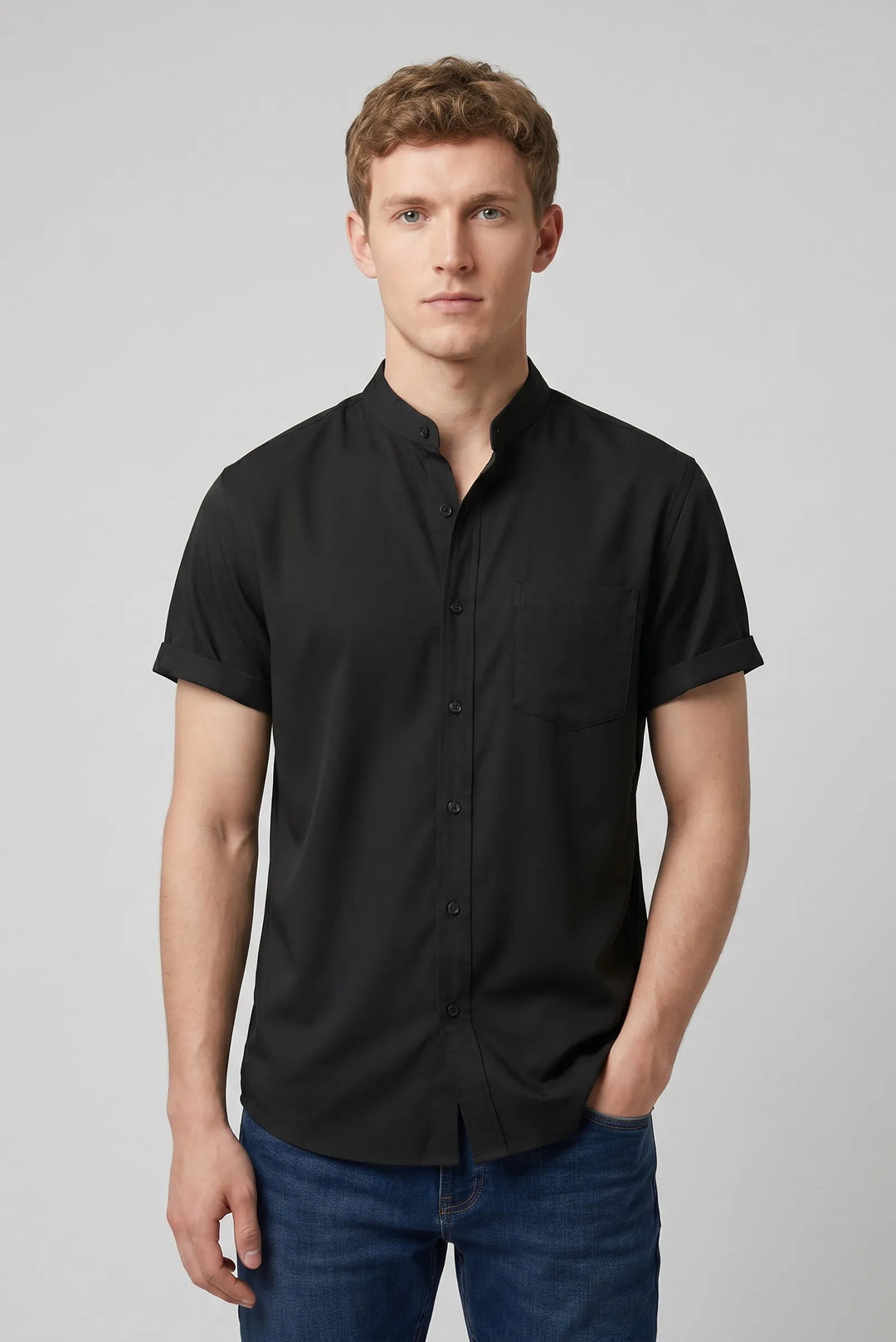 Men's Black Casual Shirt with Pockets and Short Sleeve