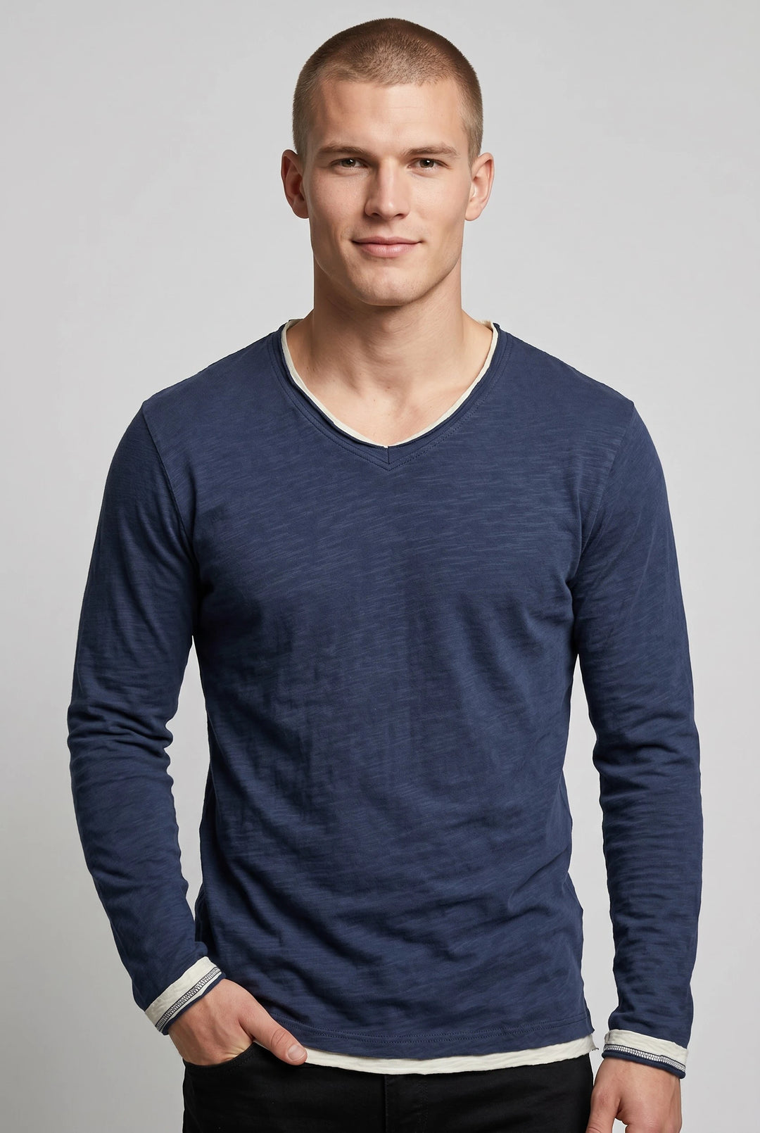Men's Casual Slim Fit Shirt with V-Neck and Long Sleeve