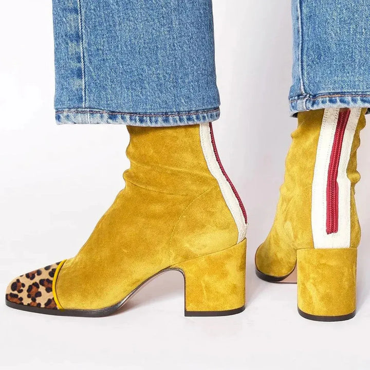 Women’s Block Heel Square Toe Boots with Contrast Back Stripe
