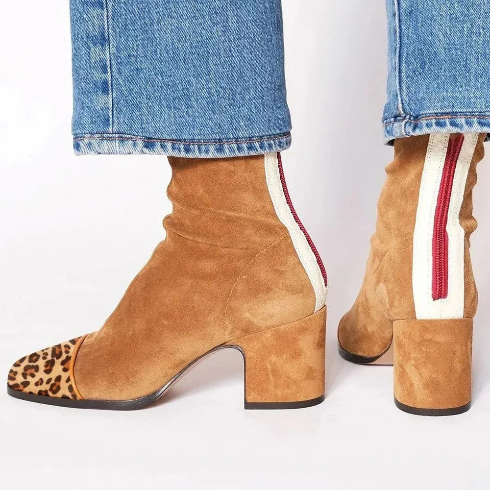 Women’s Block Heel Square Toe Boots with Contrast Back Stripe