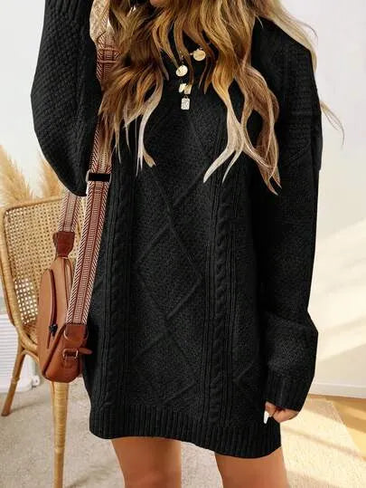 Women’s Cable Knit Long Sweater with Crew Neck