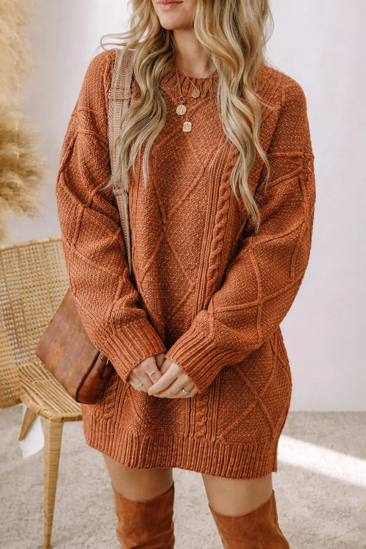 Women’s Cable Knit Long Sweater with Crew Neck