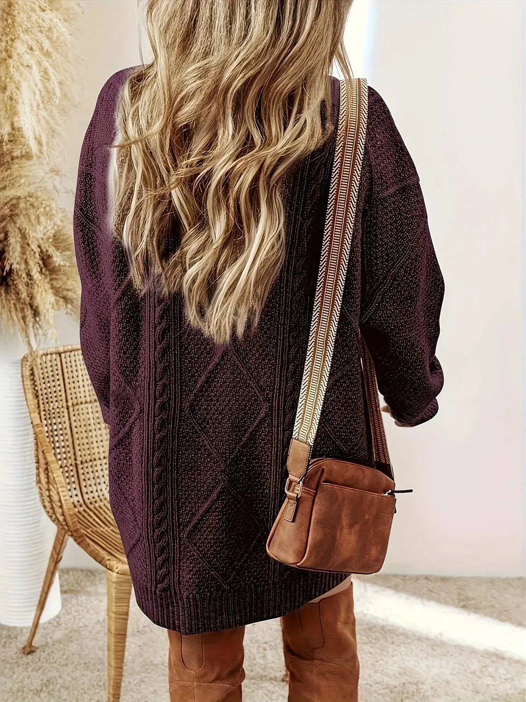 Women’s Cable Knit Long Sweater with Crew Neck