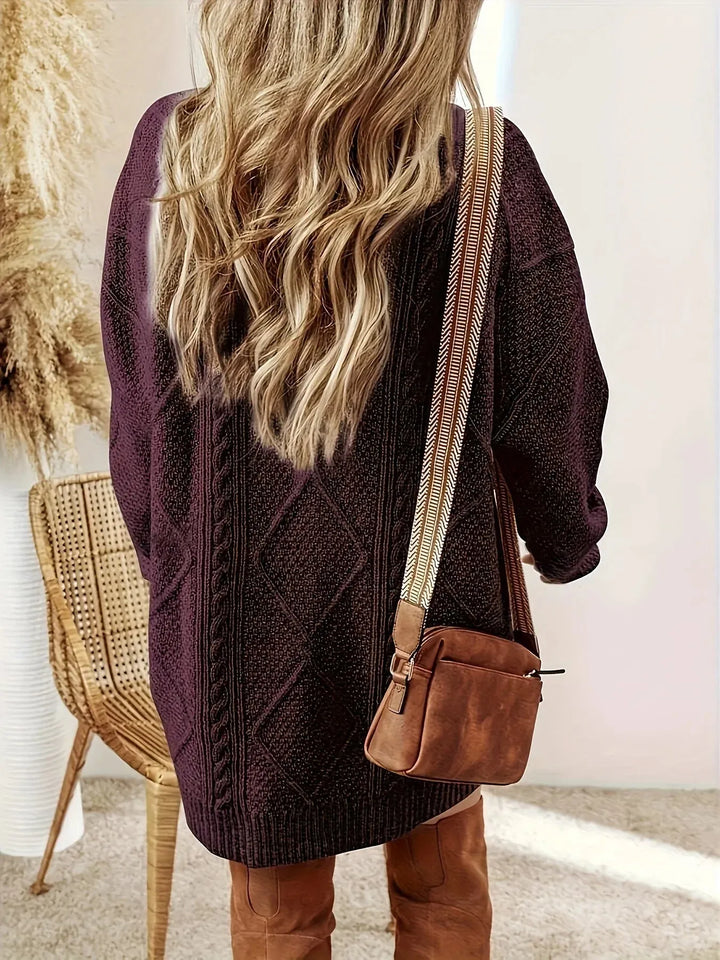Women’s Cable Knit Long Sweater with Crew Neck