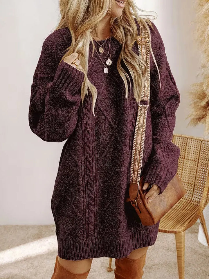 Women’s Cable Knit Long Sweater with Crew Neck