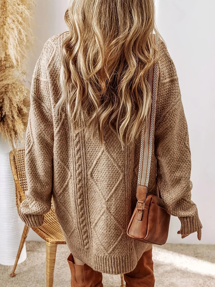 Women’s Cable Knit Long Sweater with Crew Neck