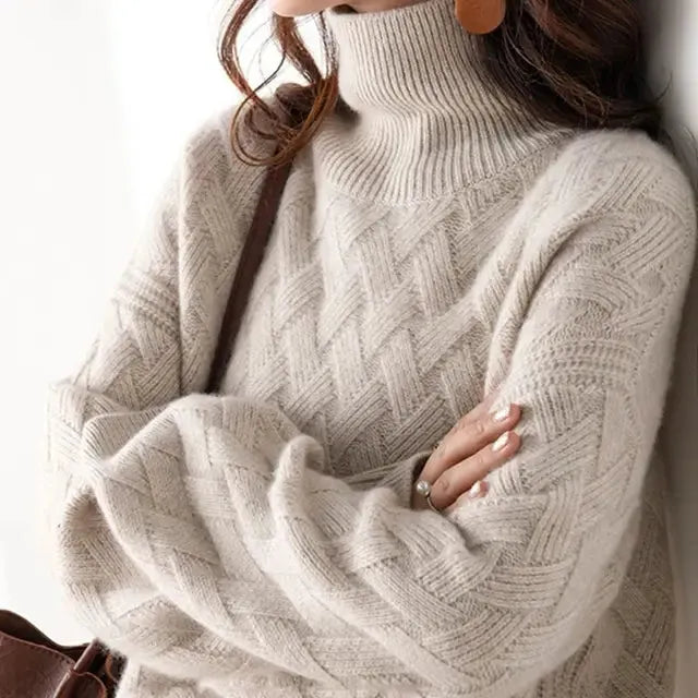 Women's Cable Knit Oversized Sweater with Turtleneck