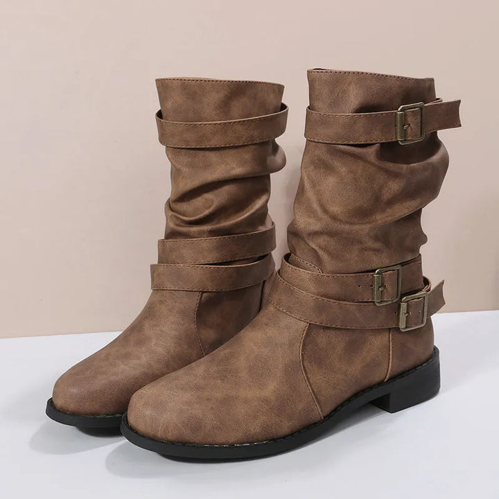Women’s Casual Mid Calf Boots with Buckle Straps