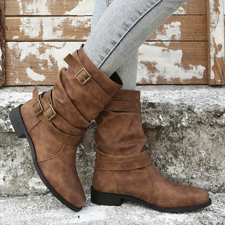 Women’s Casual Mid Calf Boots with Buckle Straps