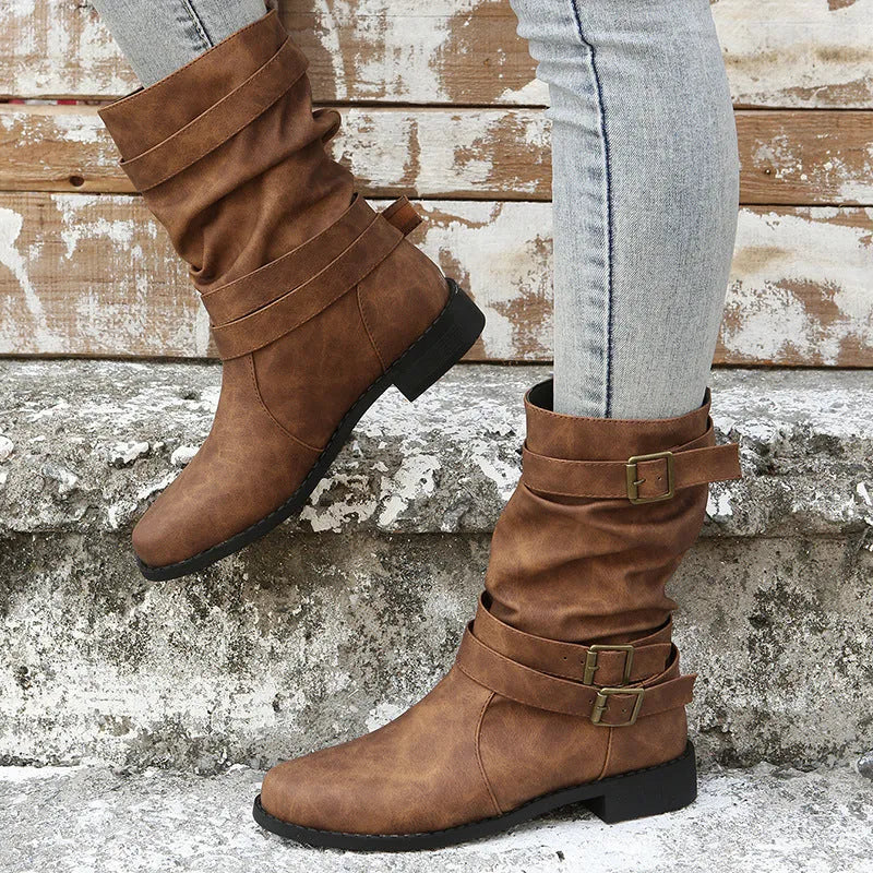 Women’s Casual Mid Calf Boots with Buckle Straps