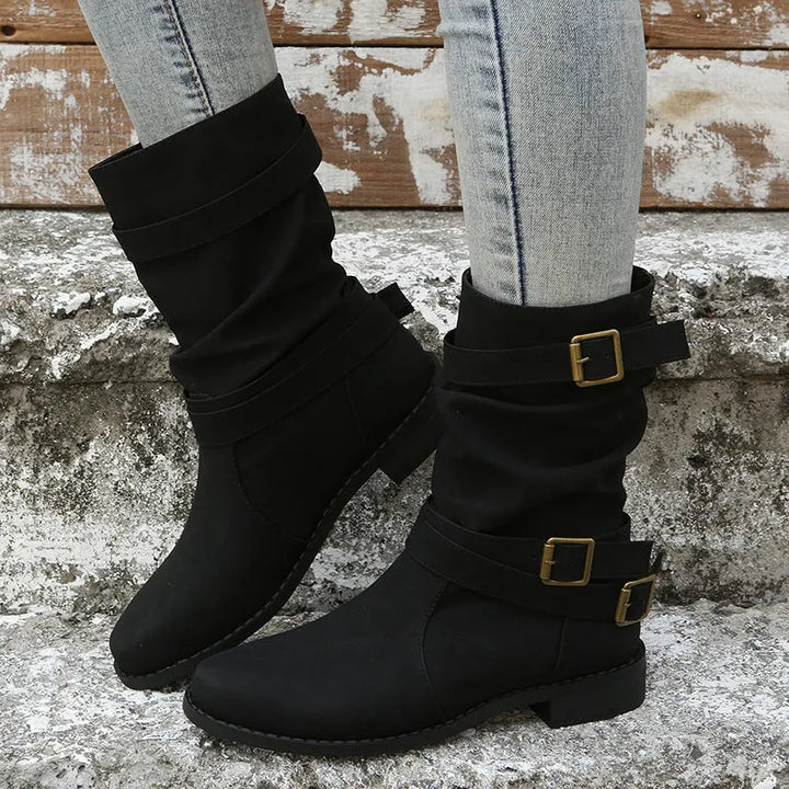 Women’s Casual Mid Calf Boots with Buckle Straps