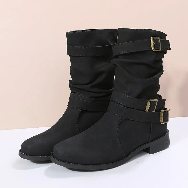 Women’s Casual Mid Calf Boots with Buckle Straps