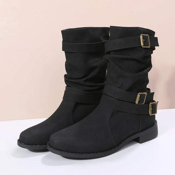 Women’s Casual Mid Calf Boots with Buckle Straps