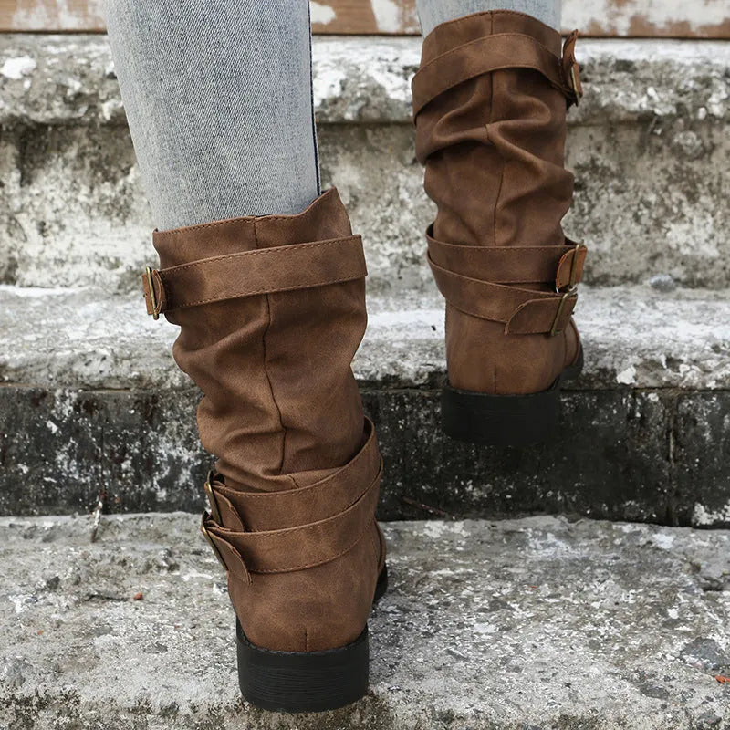 Women’s Casual Mid Calf Boots with Buckle Straps