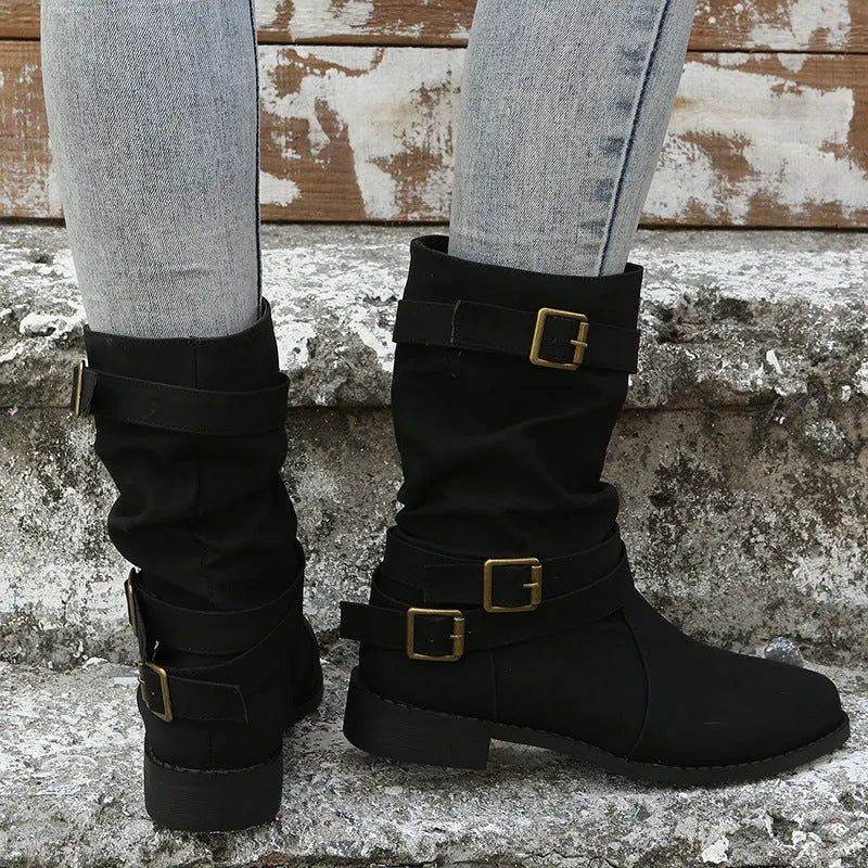 Women’s Casual Mid Calf Boots with Buckle Straps