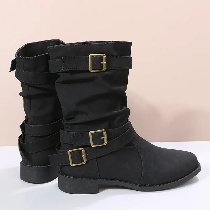 Women’s Casual Mid Calf Boots with Buckle Straps