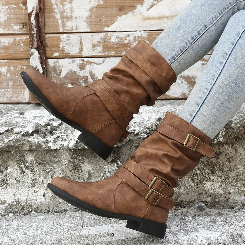 Women’s Casual Mid Calf Boots with Buckle Straps