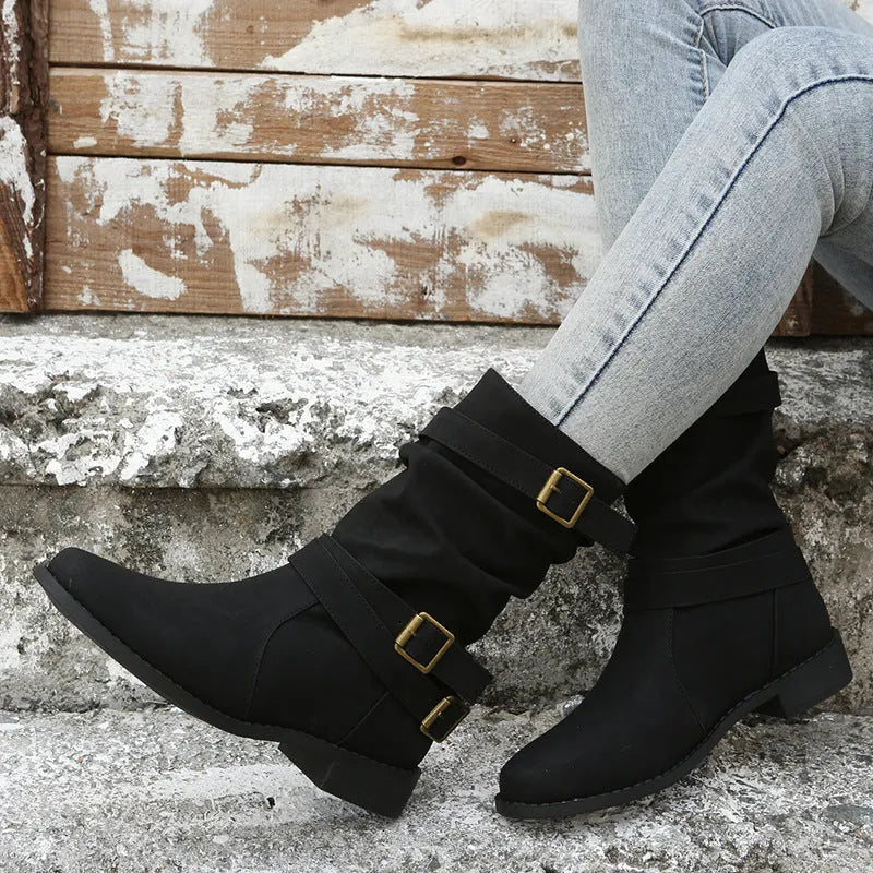 Women’s Casual Mid Calf Boots with Buckle Straps