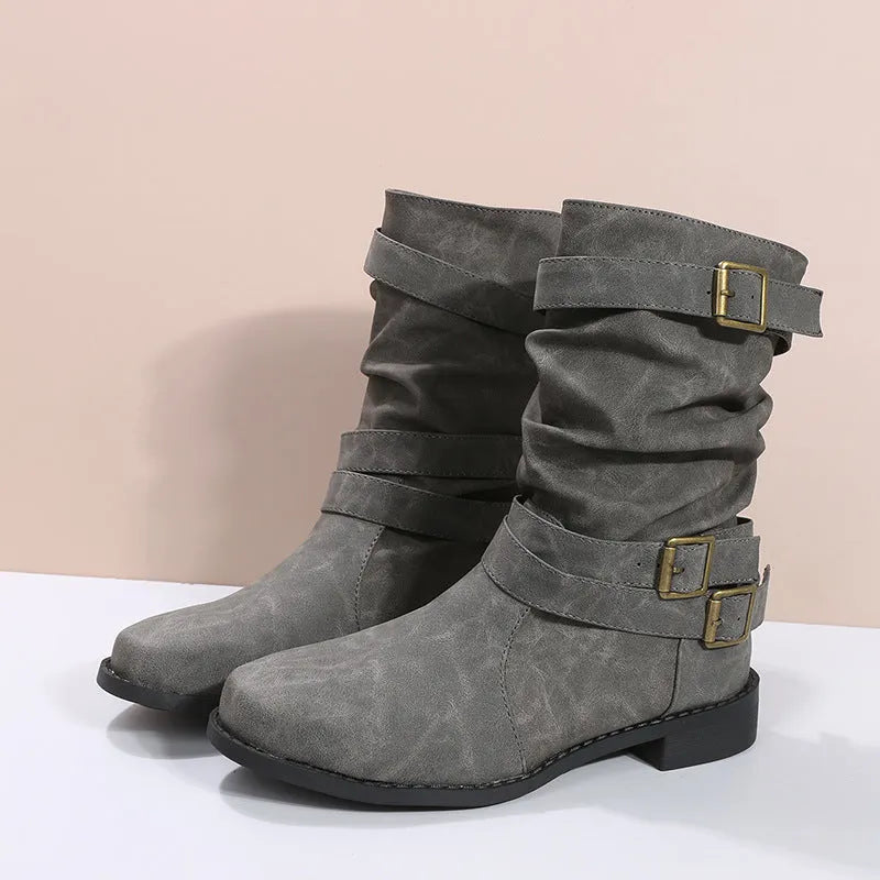 Women’s Casual Mid Calf Boots with Buckle Straps