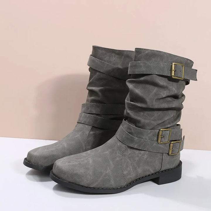 Women’s Casual Mid Calf Boots with Buckle Straps