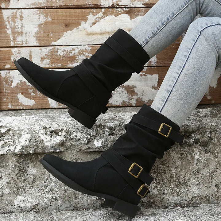 Women’s Casual Mid Calf Boots with Buckle Straps