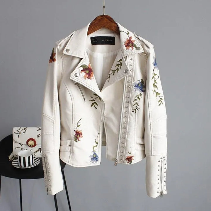 Women's Cropped Leather Jacket with Floral Details