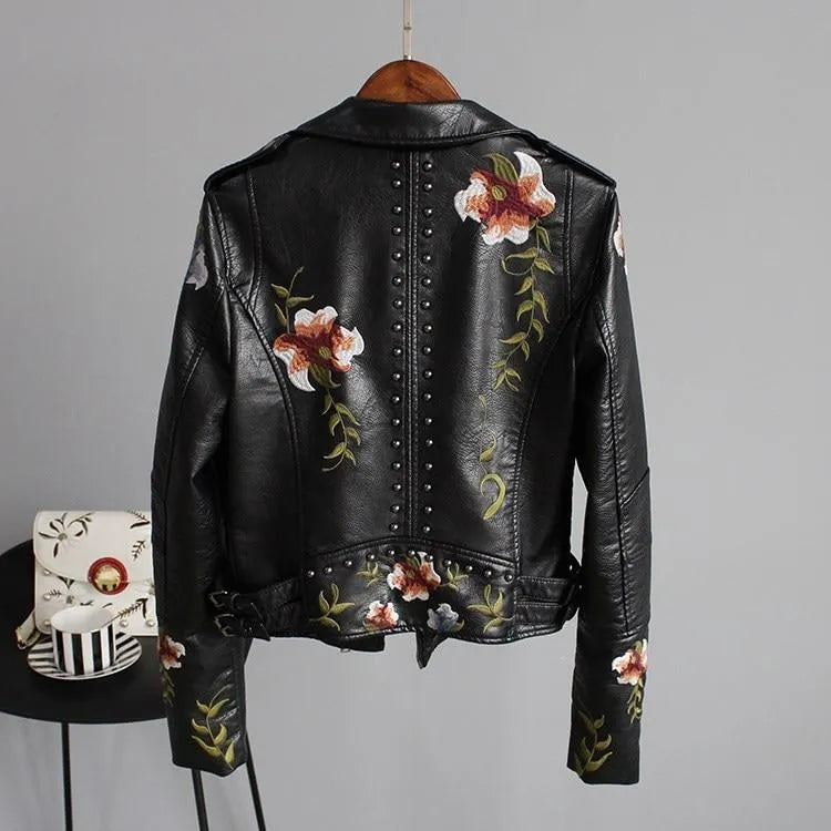 Women's Cropped Leather Jacket with Floral Details