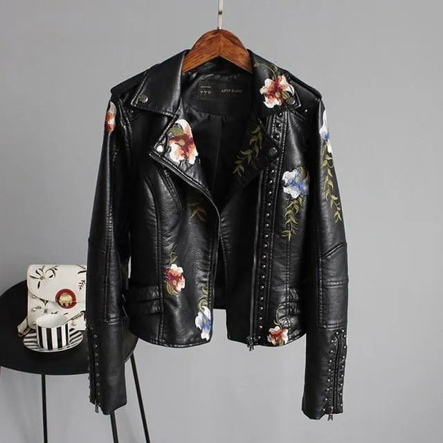 Women's Cropped Leather Jacket with Floral Details