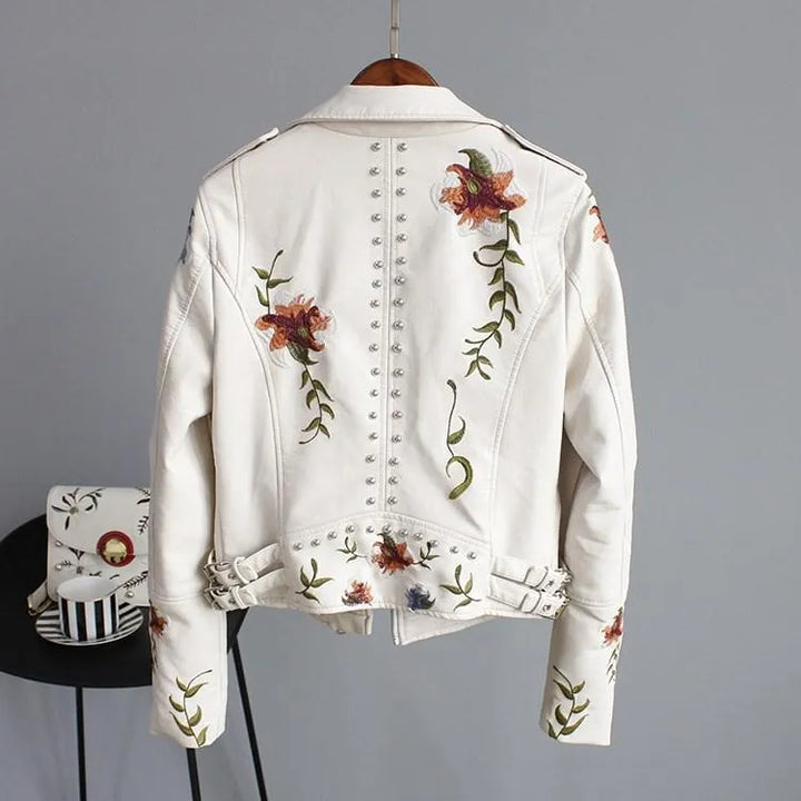 Women's Cropped Leather Jacket with Floral Details