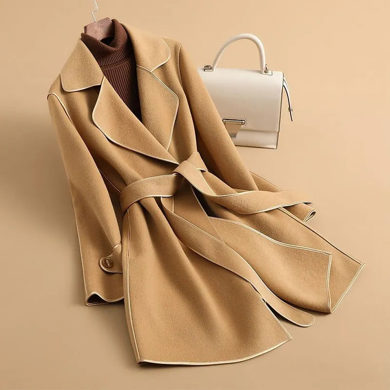 Women’s Elegant Coat with Belted Waist and Notched Lapels