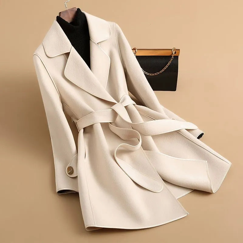Women’s Elegant Coat with Belted Waist and Notched Lapels