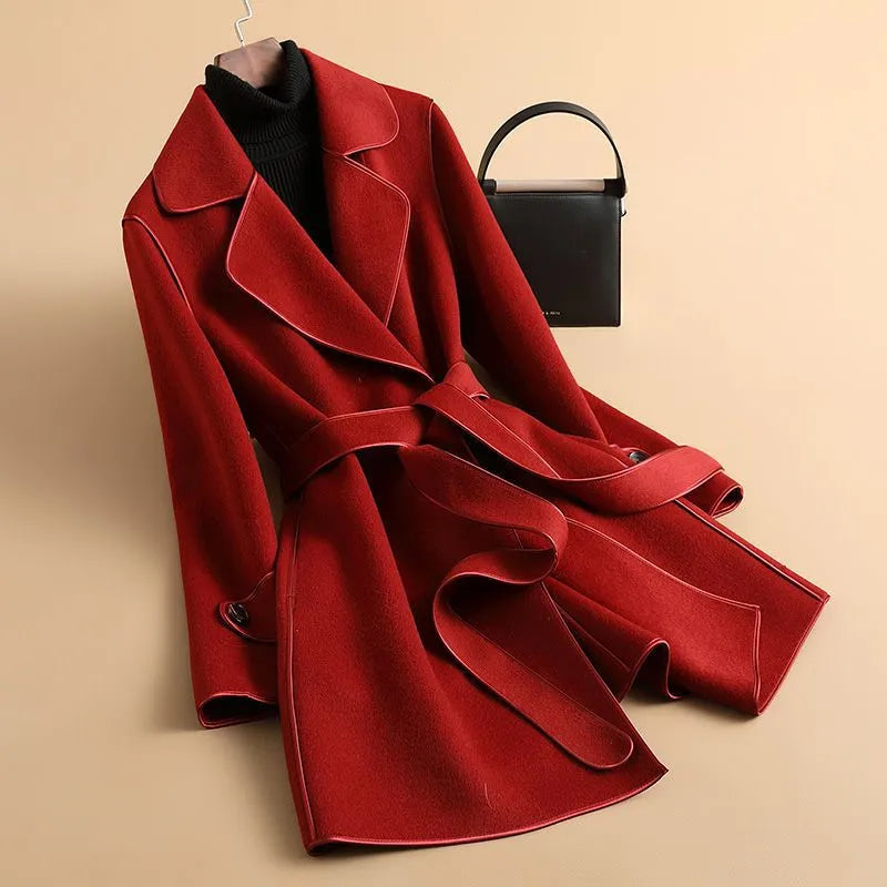 Women’s Elegant Coat with Belted Waist and Notched Lapels