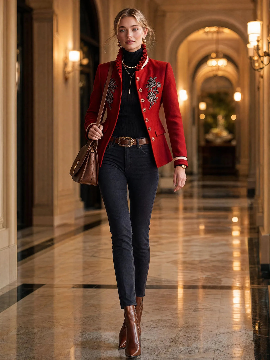 Women's Elegant Ruffled Collar Jacket with Rose Embroidery