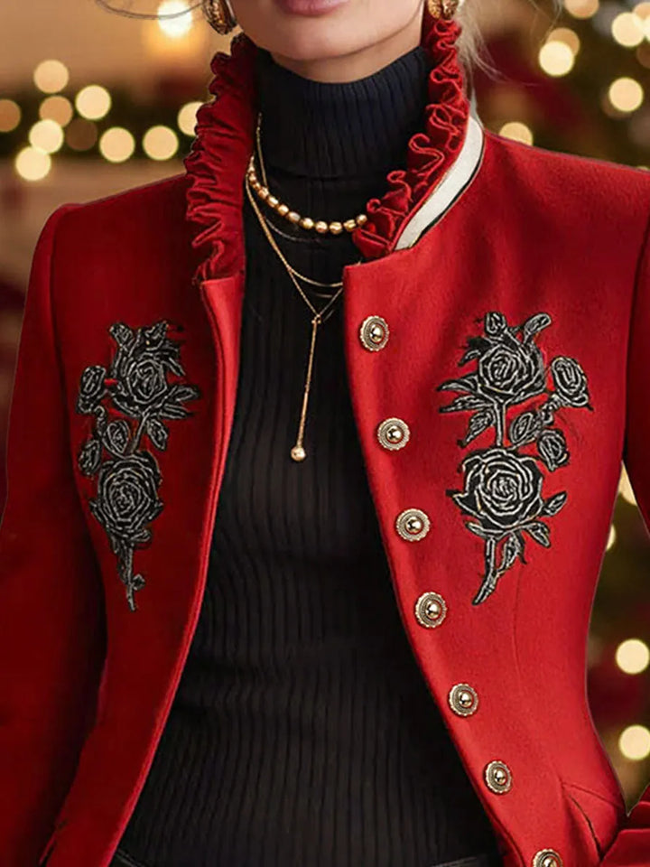 Women's Elegant Ruffled Collar Jacket with Rose Embroidery