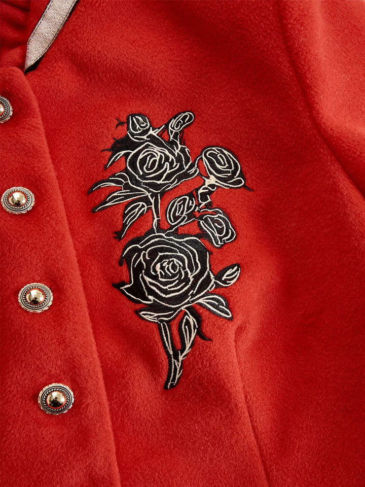 Women's Elegant Ruffled Collar Jacket with Rose Embroidery
