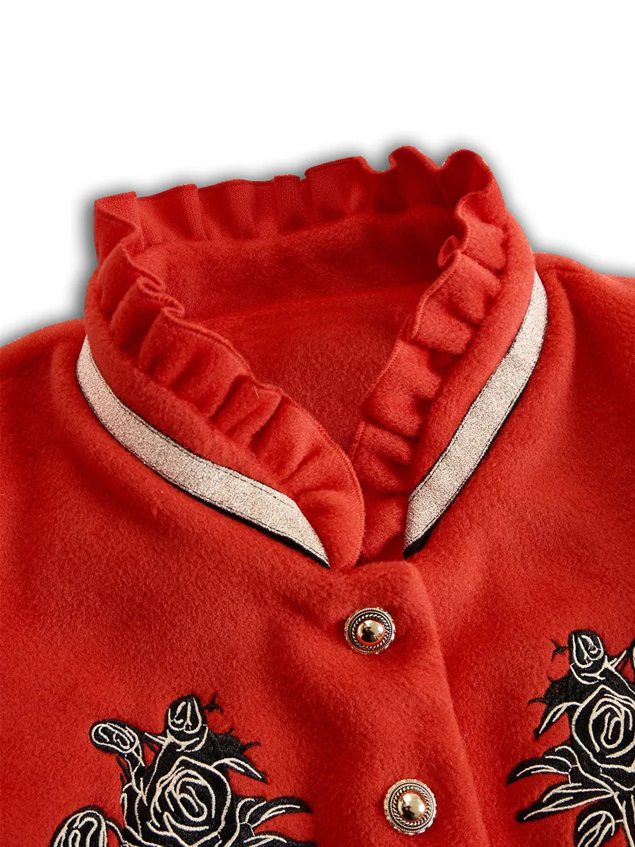 Women's Elegant Ruffled Collar Jacket with Rose Embroidery