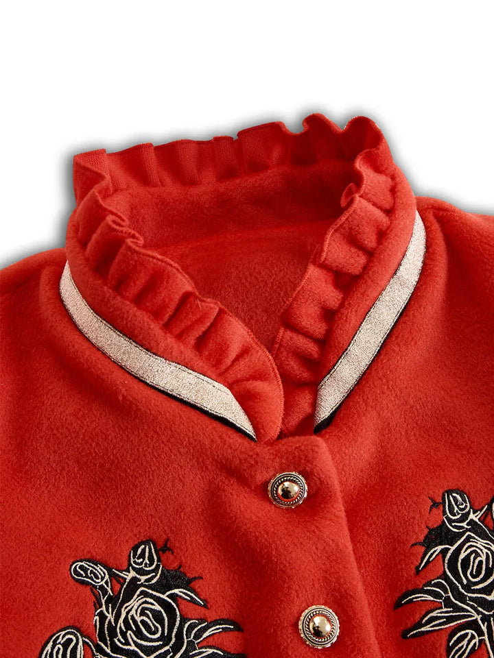Women's Elegant Ruffled Collar Jacket with Rose Embroidery
