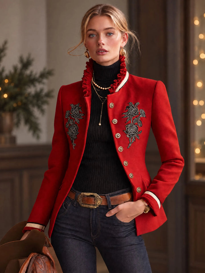 Women's Elegant Ruffled Collar Jacket with Rose Embroidery