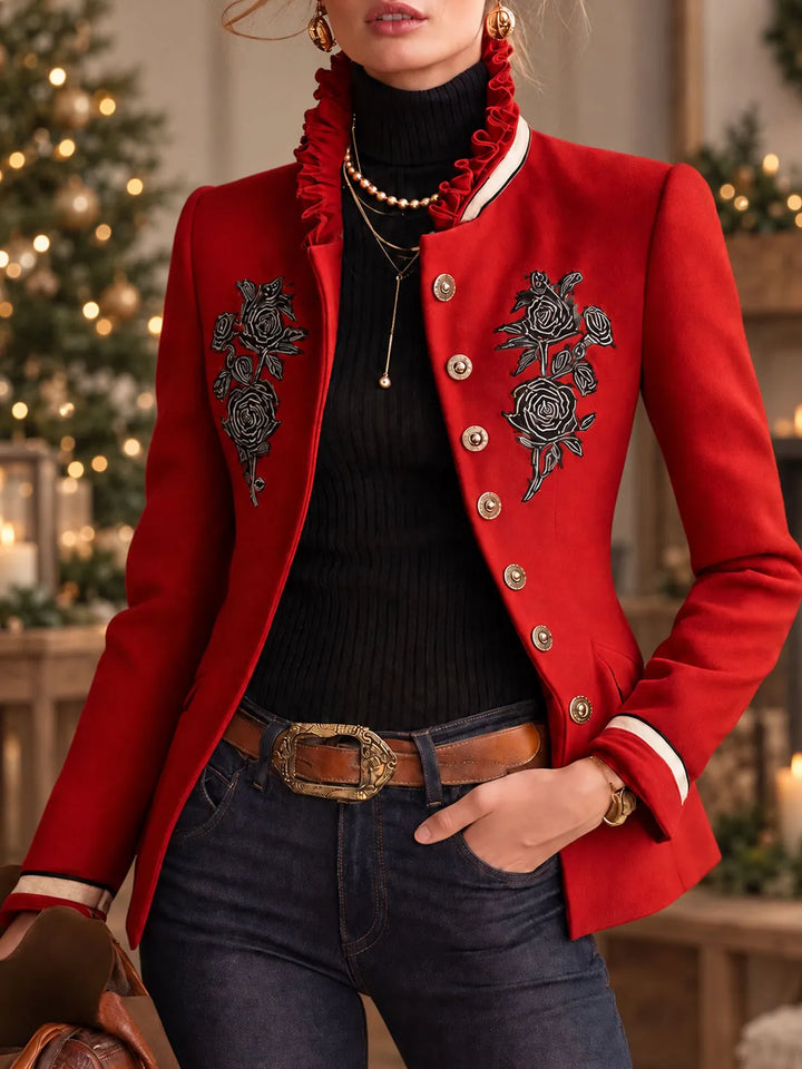 Women's Elegant Ruffled Collar Jacket with Rose Embroidery