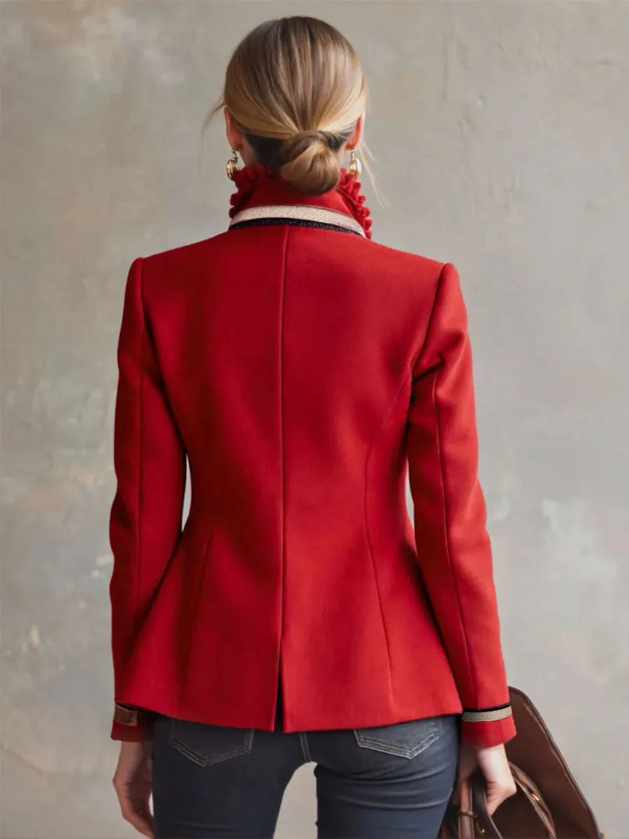 Women's Elegant Ruffled Collar Jacket with Rose Embroidery