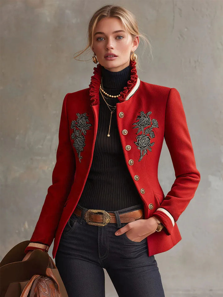 Women's Elegant Ruffled Collar Jacket with Rose Embroidery