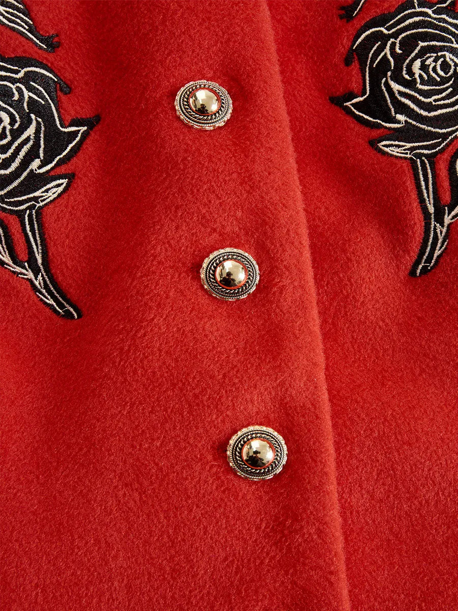Women's Elegant Ruffled Collar Jacket with Rose Embroidery