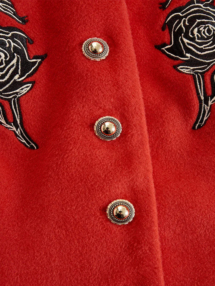 Women's Elegant Ruffled Collar Jacket with Rose Embroidery