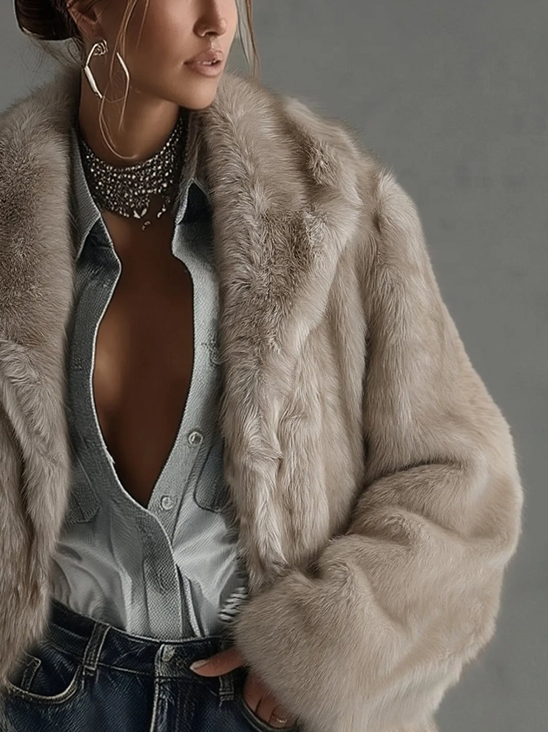 Women's Faux Fur Winter Jacket with Lapel Collar